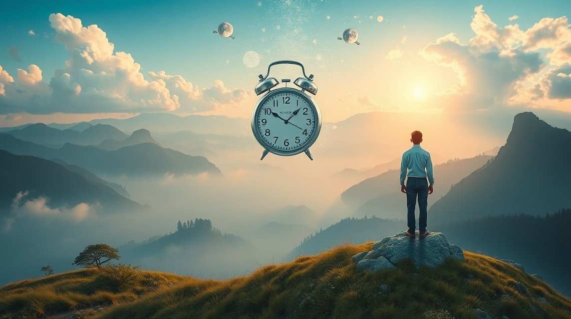 Riflesso di un uomo che osserva un orologio in un paesaggio onirico