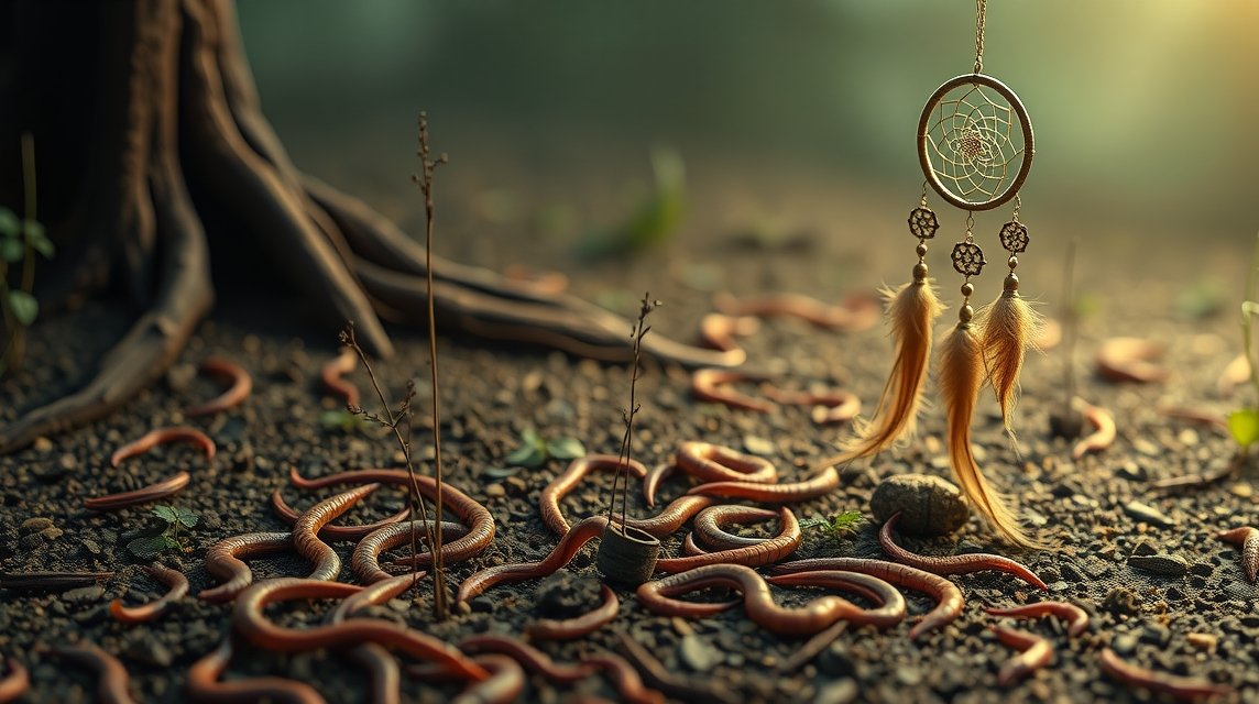 Lombrichi e un dreamcatcher tra la vegetazione