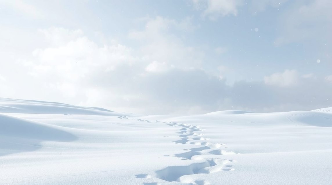 Paesaggio innevato con impronte sulla neve fresca.