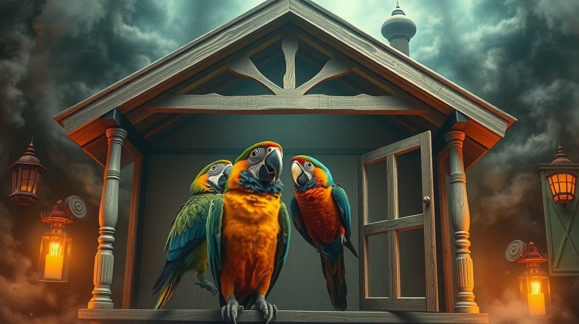 Pappagalli colorati in una casa misteriosa con lanterne