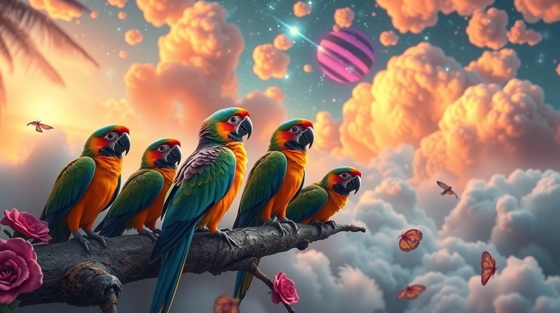 Piccoli pappagalli colorati che comunicano in un mondo onirico.