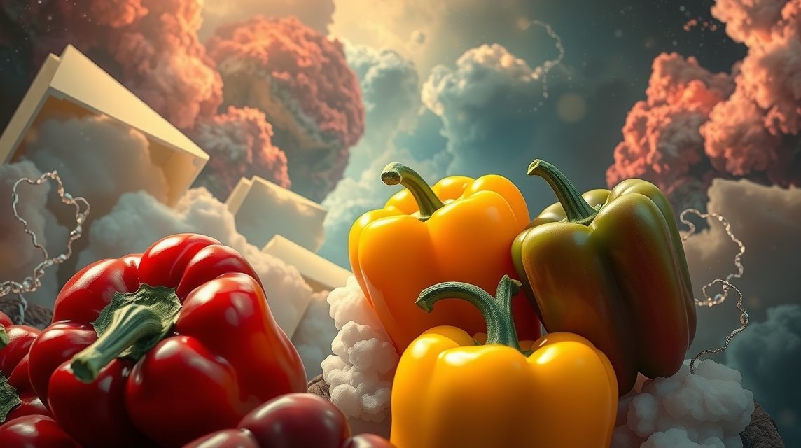 Peperoni rossi, gialli e verdi su uno sfondo creativo