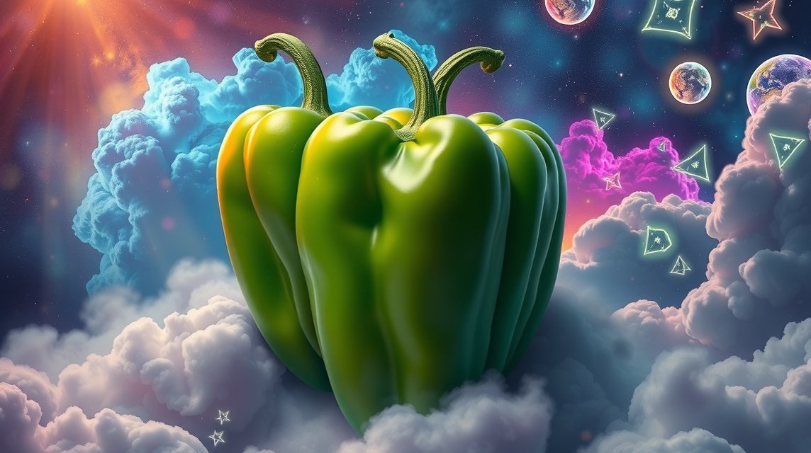 Peperoni verdi in un paesaggio onirico e colorato