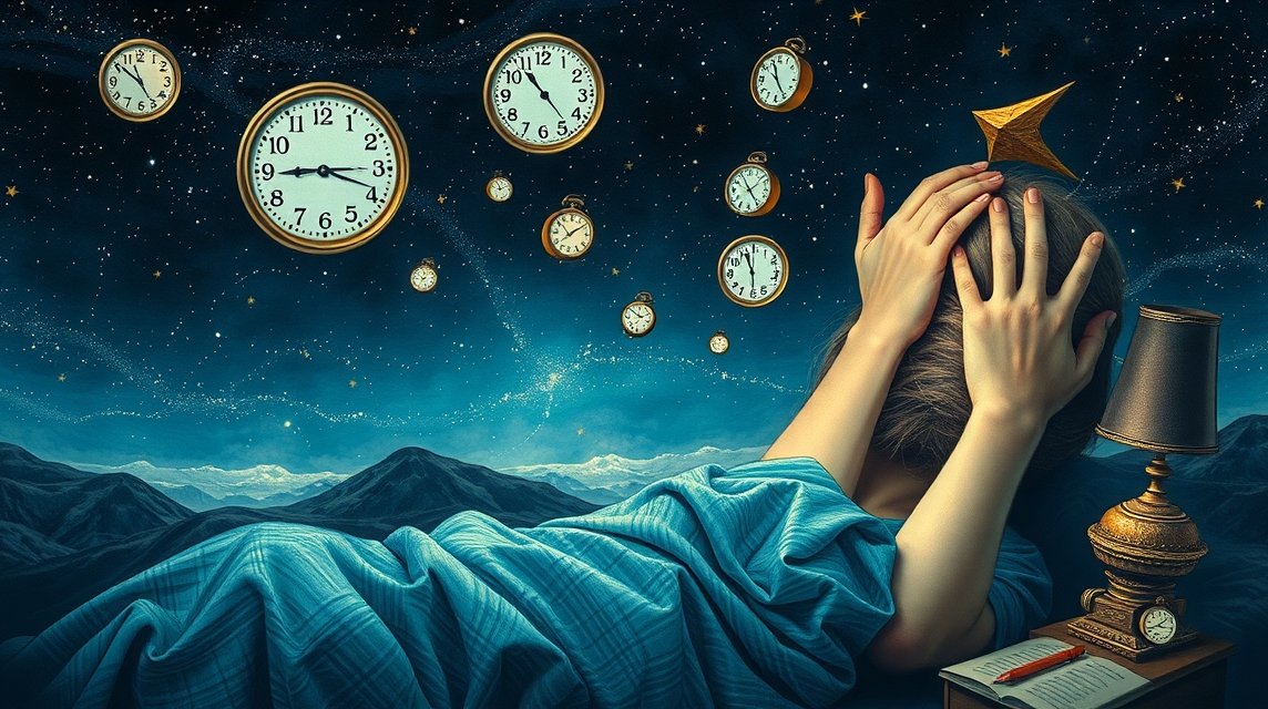 Persona che sogna, circondata da orologi e stelle nel cielo notturno.