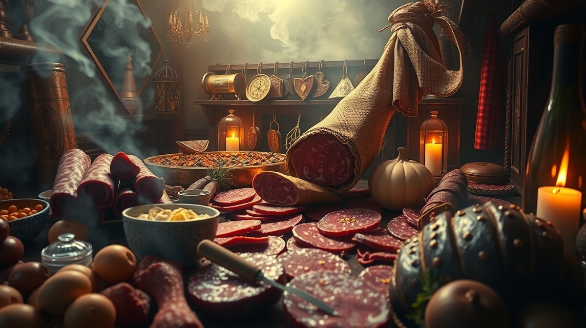 Disposizione di salumi e cibo su un tavolo rustico