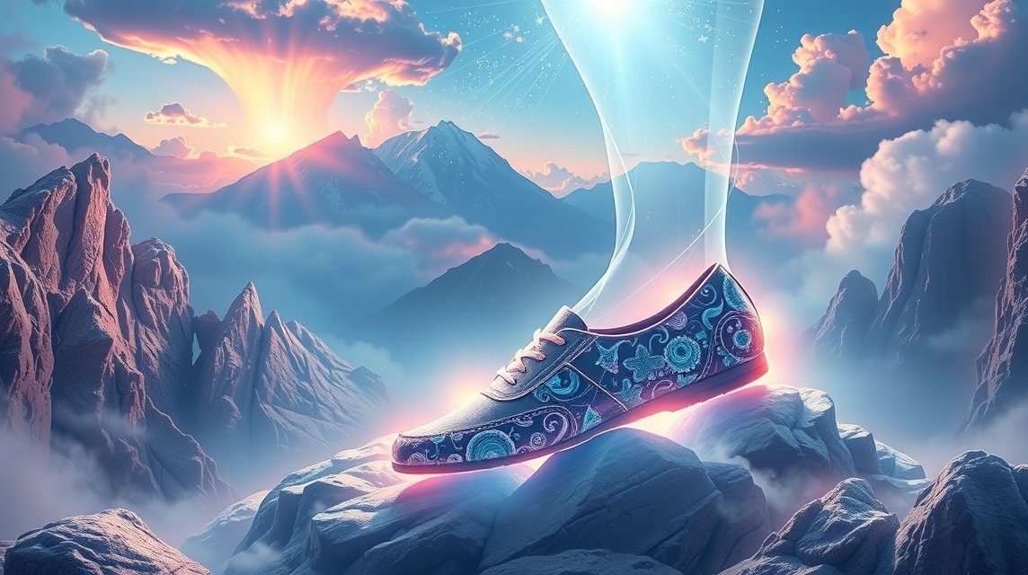 Scarpa decorativa su un vetta montuosa con un cielo spettacolare.