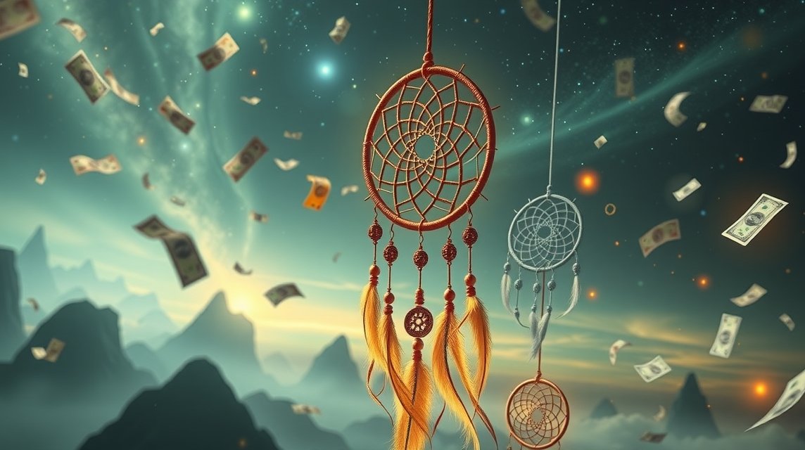 Sognare soldi con dreamcatchers e banconote fluttuanti nell'aria