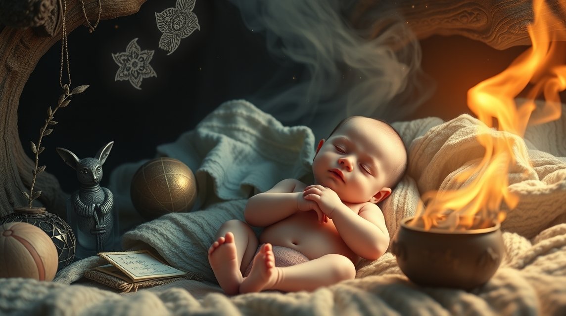Bambino che dorme circondato da oggetti simbolici e fuoco.