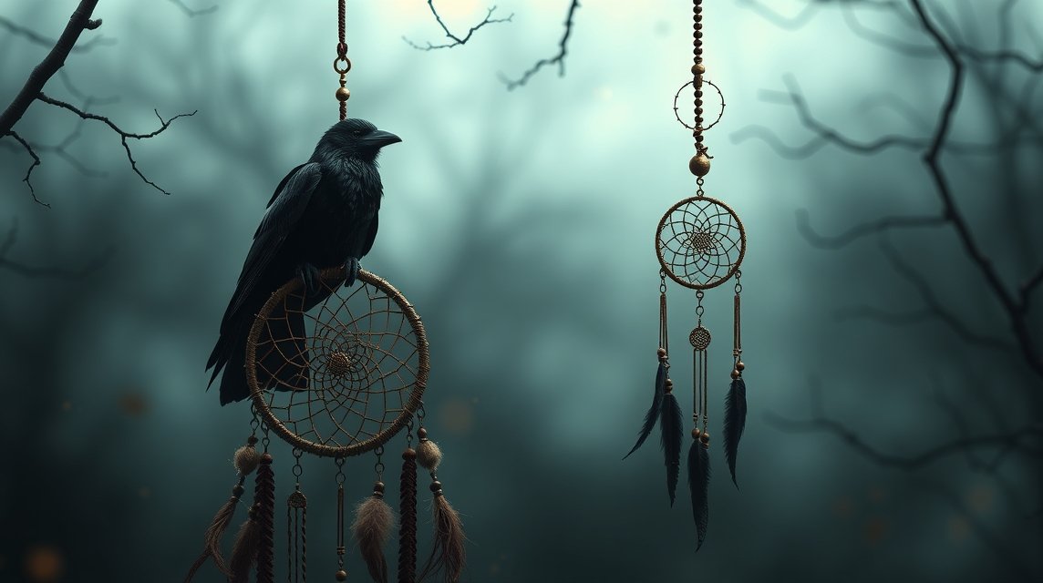 Un corvo nero posa su un dreamcatcher tra rami scuri e nebbia.