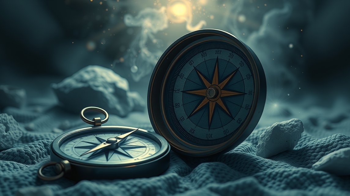 Bussola su un fondale misterioso, simbolo di orientamento e paure.