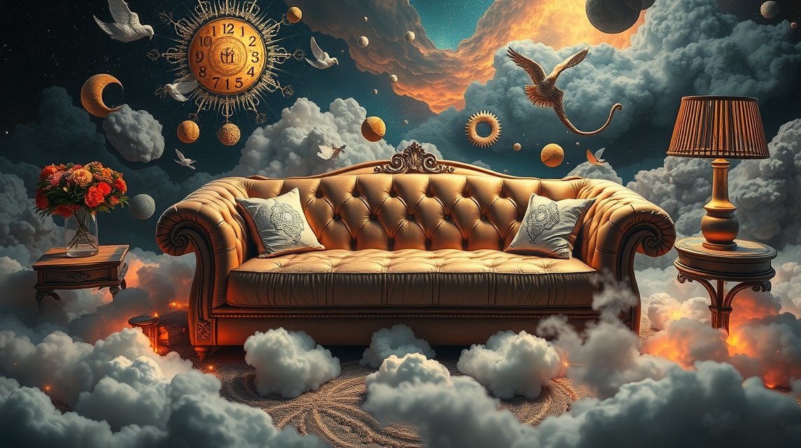 Divano in un paesaggio onirico con nuvole e simboli