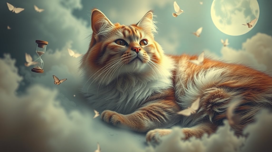 Gatto anziano tra nuvole e farfalle, simbolo di saggezza e ricordi