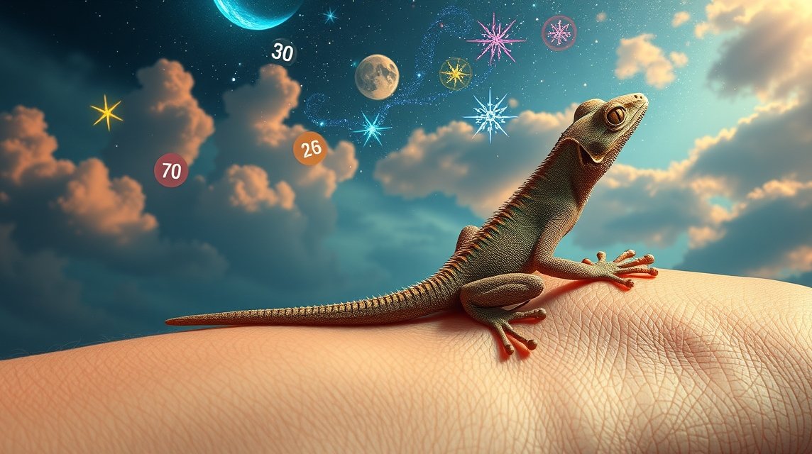 Geco su una mano con numeri e cielo stellato in background.