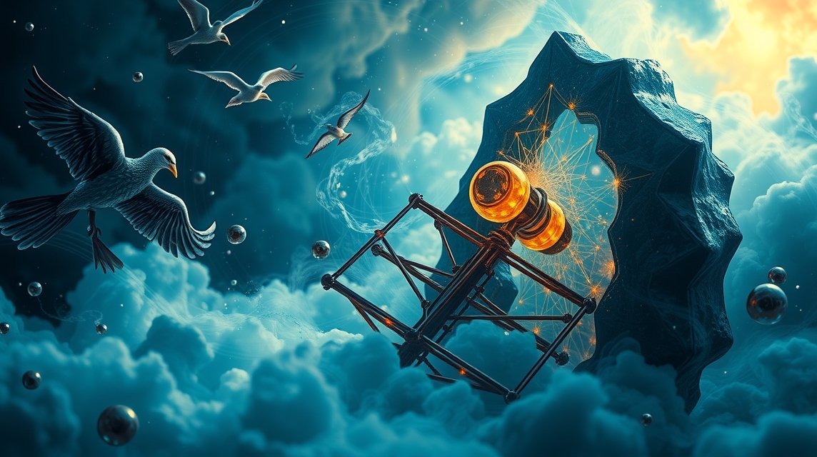 Illustrazione simbolica di un impiccato con uccelli e nuvole