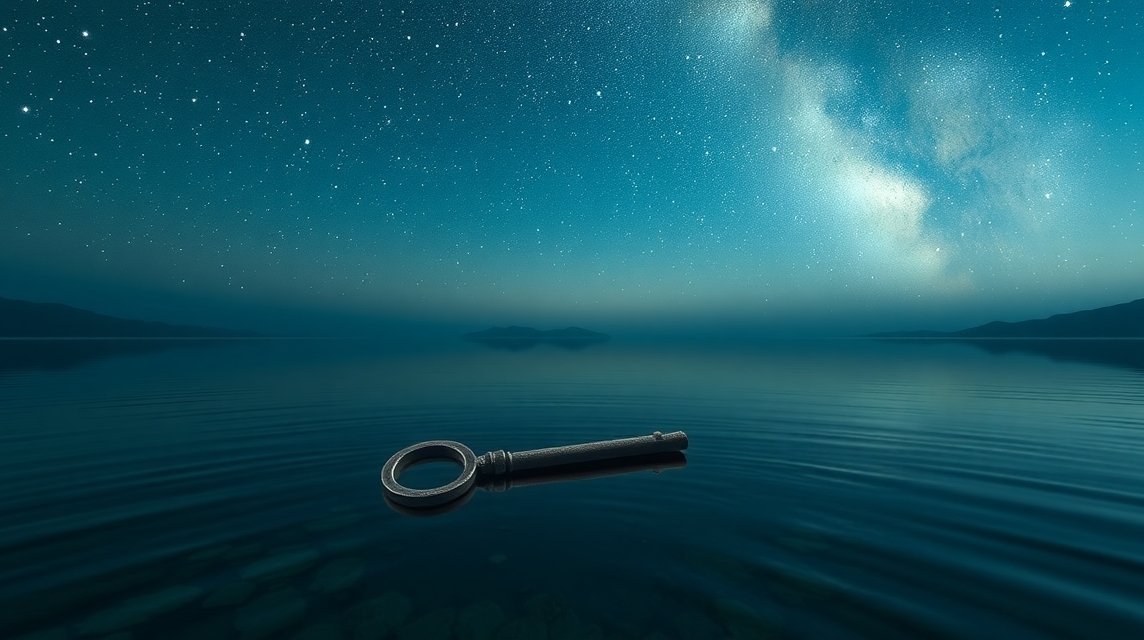 Chiave galleggiante sopra un lago sereno sotto un cielo stellato.