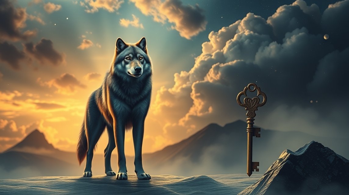 Un lupo maestoso con una chiave antica in un paesaggio onirico.
