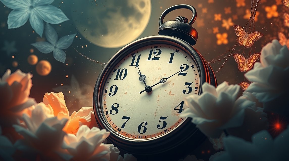 Orologio rotto tra fiori e farfalle, simbolo del tempo sospeso nei sogni.