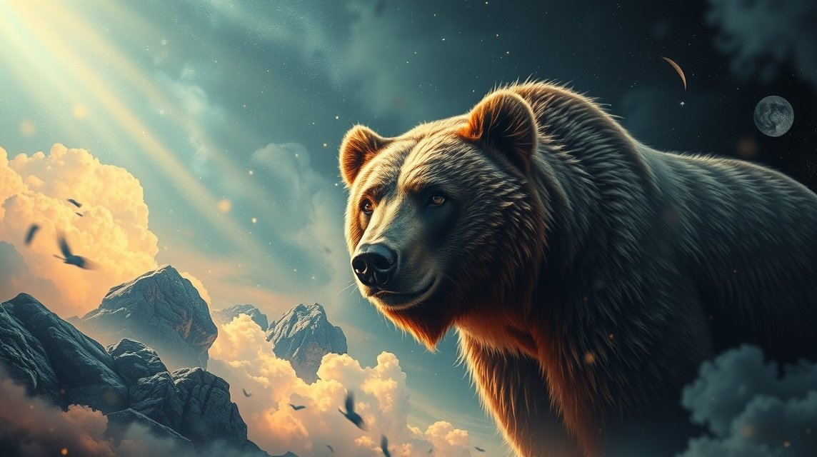 Un orso bruno maestoso in un paesaggio mistico di montagna.