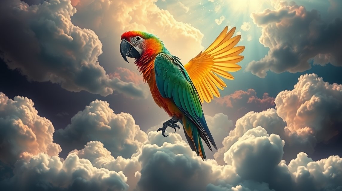 Pappagallo colorato in volo tra le nuvole