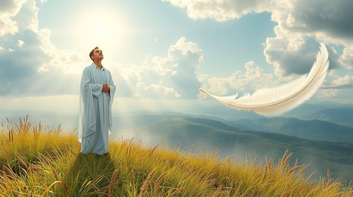 Uomo in bianco che sogna sotto un cielo luminoso e nuvole