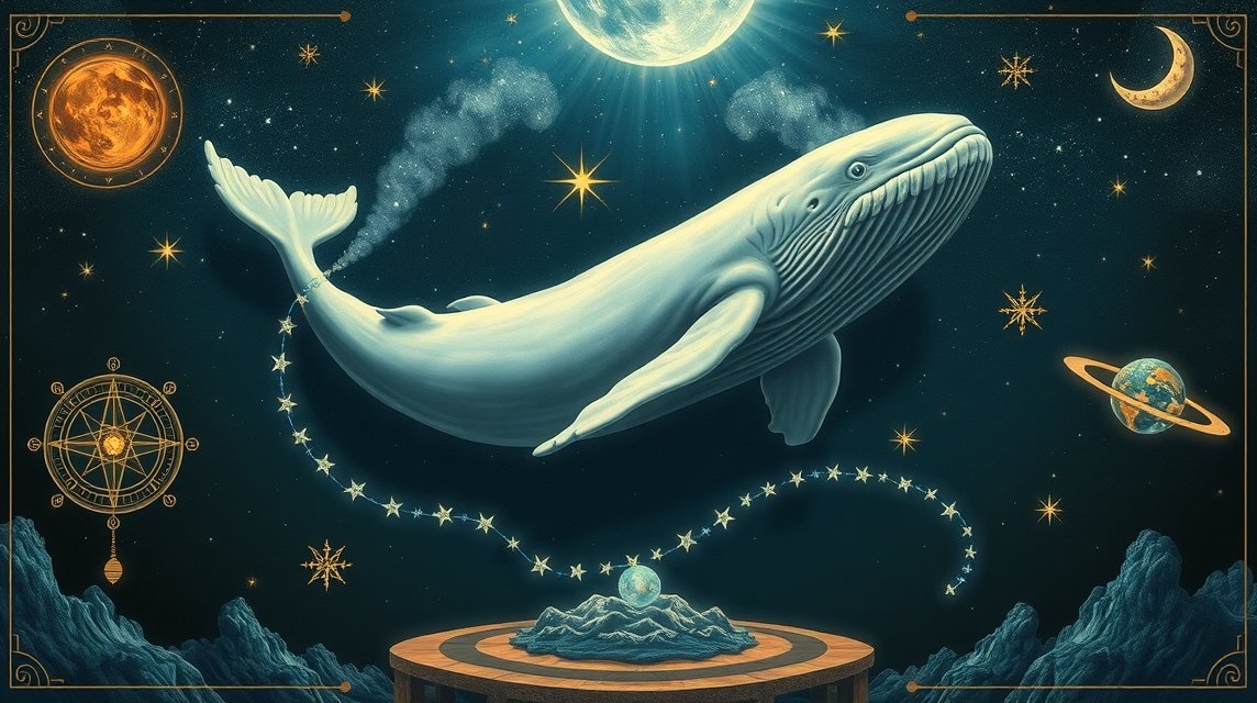 Balena bianca nel cielo stellato, simbolo di misticismo e cambiamento.