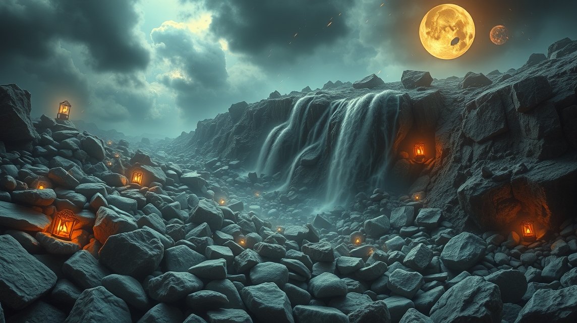 Sogno di frana di sassi con lanterne illuminate in un paesaggio oscuro