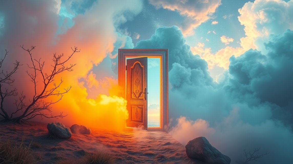 Immagine di una porta aperta tra le nuvole, simbolo di nuove opportunità.