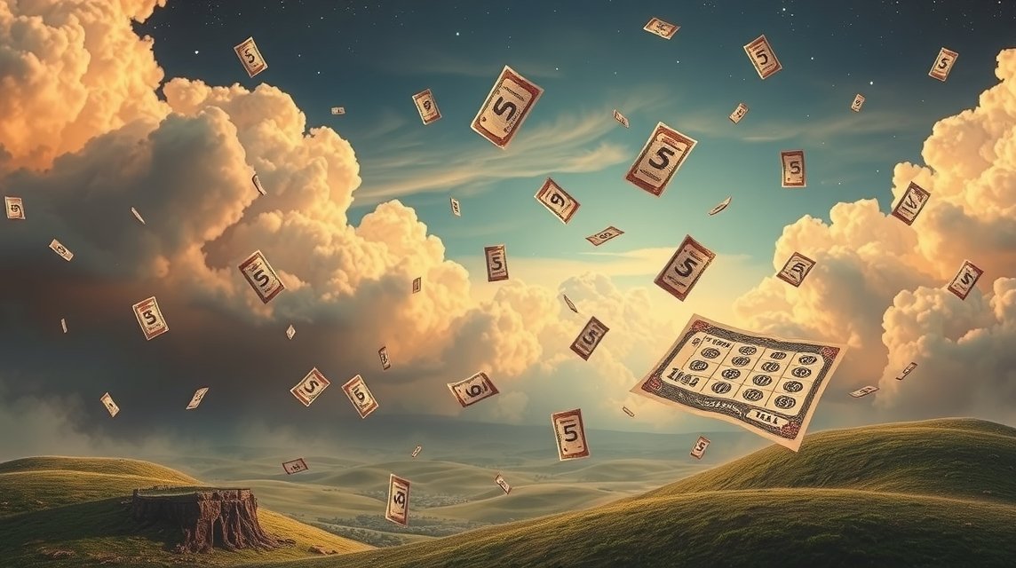 Fogli di Lotto che volano sopra un paesaggio naturale sereno