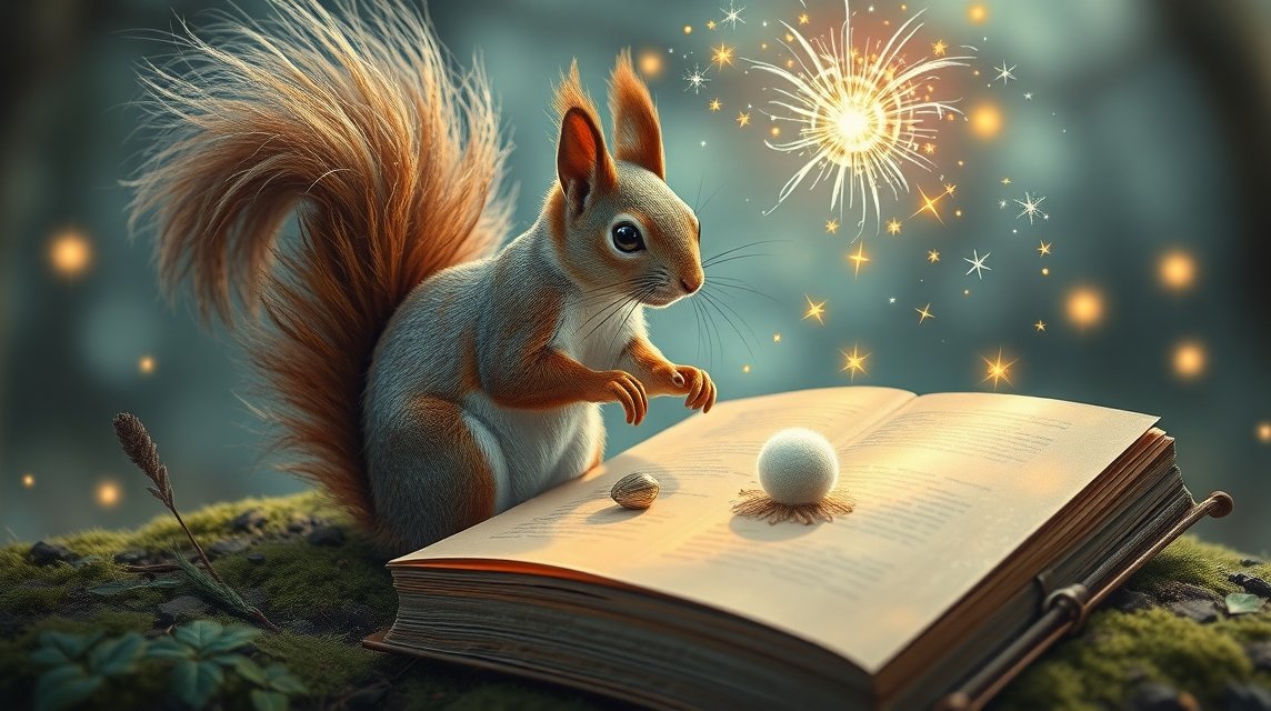 Scoiattolo che esplora un libro con scintille magiche