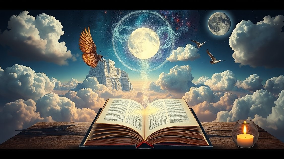 Libro aperto sotto un cielo stellato con luna e uccelli