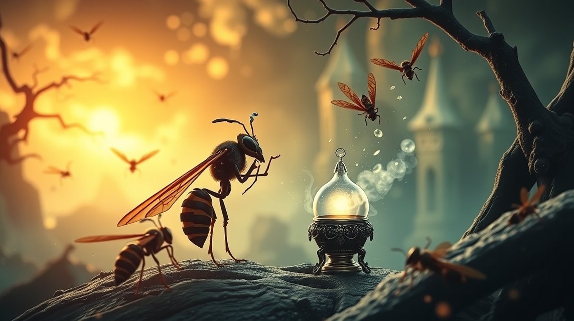 Vespe in un paesaggio onirico con una lampada magica