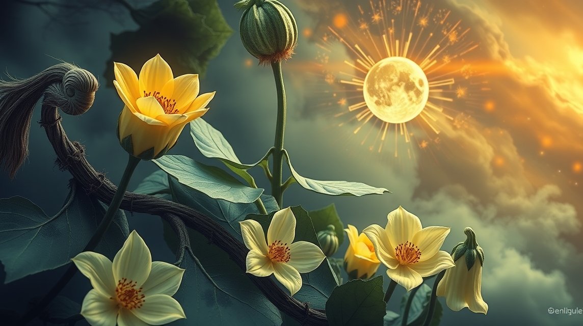 Fiori di zucchine sotto la luna che simboleggiano fertilità e bellezza