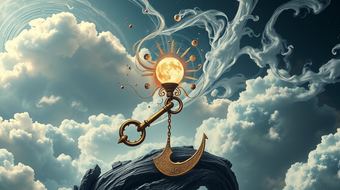 Illustrazione di una chiave dorata su uno sfondo di nuvole e pianeti.