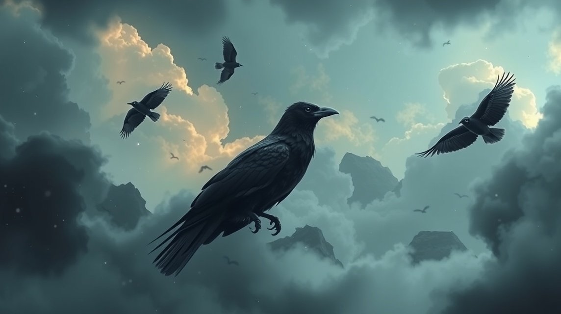 Corvi neri volano tra nuvole oscure, simbolo di saggezza onirica.