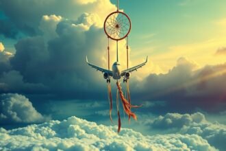 Aereo sospeso tra le nuvole con un sogno portante