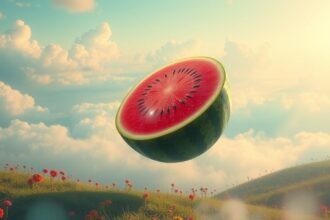 Fetta di anguria galleggiante su un prato estivo soleggiato