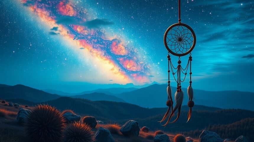 Sogno di una stella cadente nel cielo notturno con un dreamcatcher