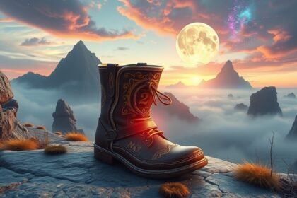 Stivale in un paesaggio onirico con montagne e luna piena
