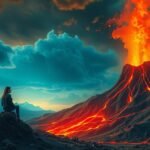 Una persona osserva un vulcano eruttante in un paesaggio drammatico