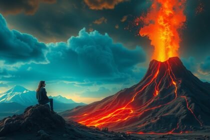 Una persona osserva un vulcano eruttante in un paesaggio drammatico