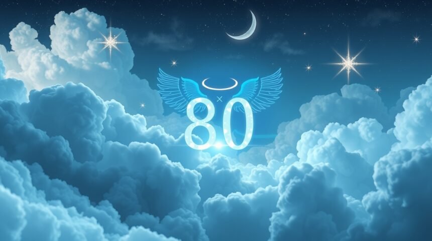 Numero angelico 80 con ali e aureola tra le nuvole.