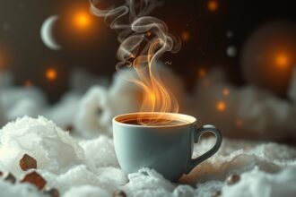 Tazza di caffè fumante circondata da nuvole e luci soffuse