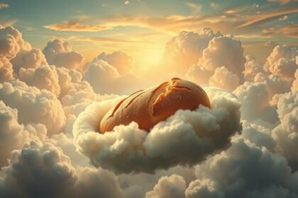 Pane che fluttua tra le nuvole durante un'alba serena