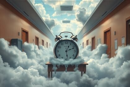 Orologio da tavolo in una scuola onirica tra nuvole