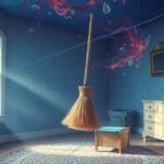 Interno di una casa con scopa e decorazioni significative