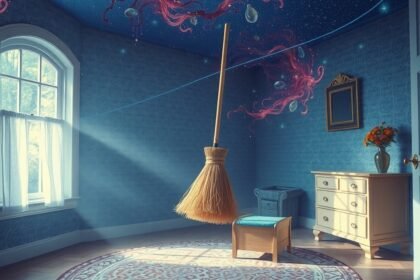 Interno di una casa con scopa e decorazioni significative