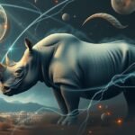 Rinoceronte in un paesaggio onirico che simboleggia forza e protezione