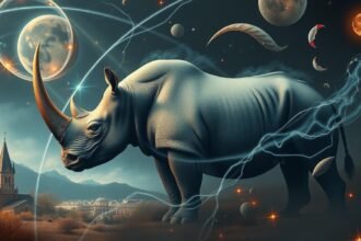 Rinoceronte in un paesaggio onirico che simboleggia forza e protezione