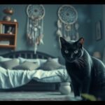 Gatto nero in una casa tranquilla, simbolo di mistero e protezione.