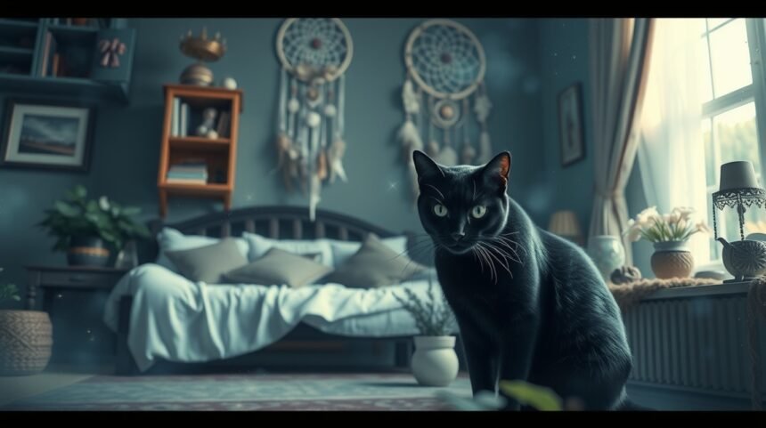 Gatto nero in una casa tranquilla, simbolo di mistero e protezione.